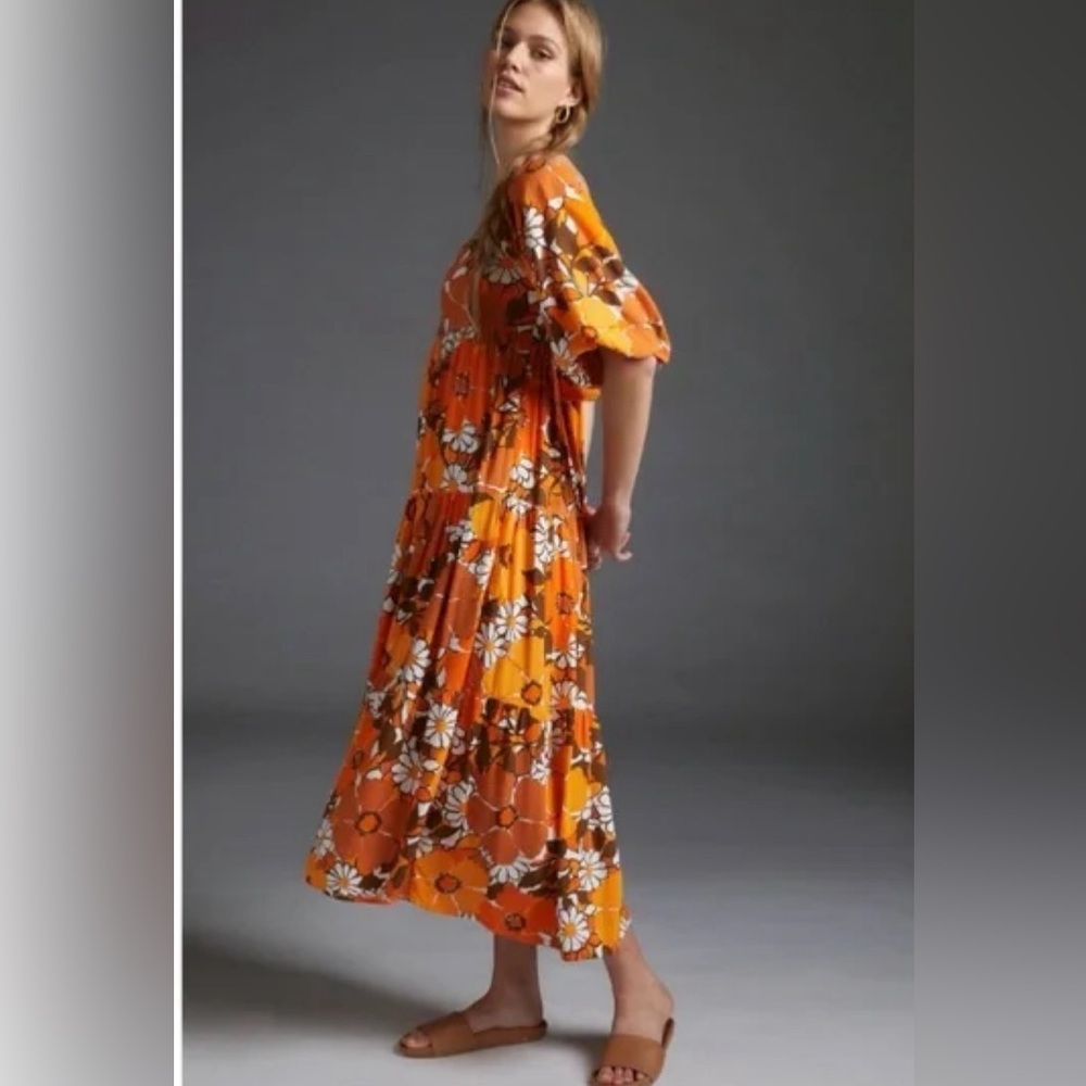 NWT Anthro Faithfull The Brand Isola Floral Orange Midi Dress Puff Sleeve